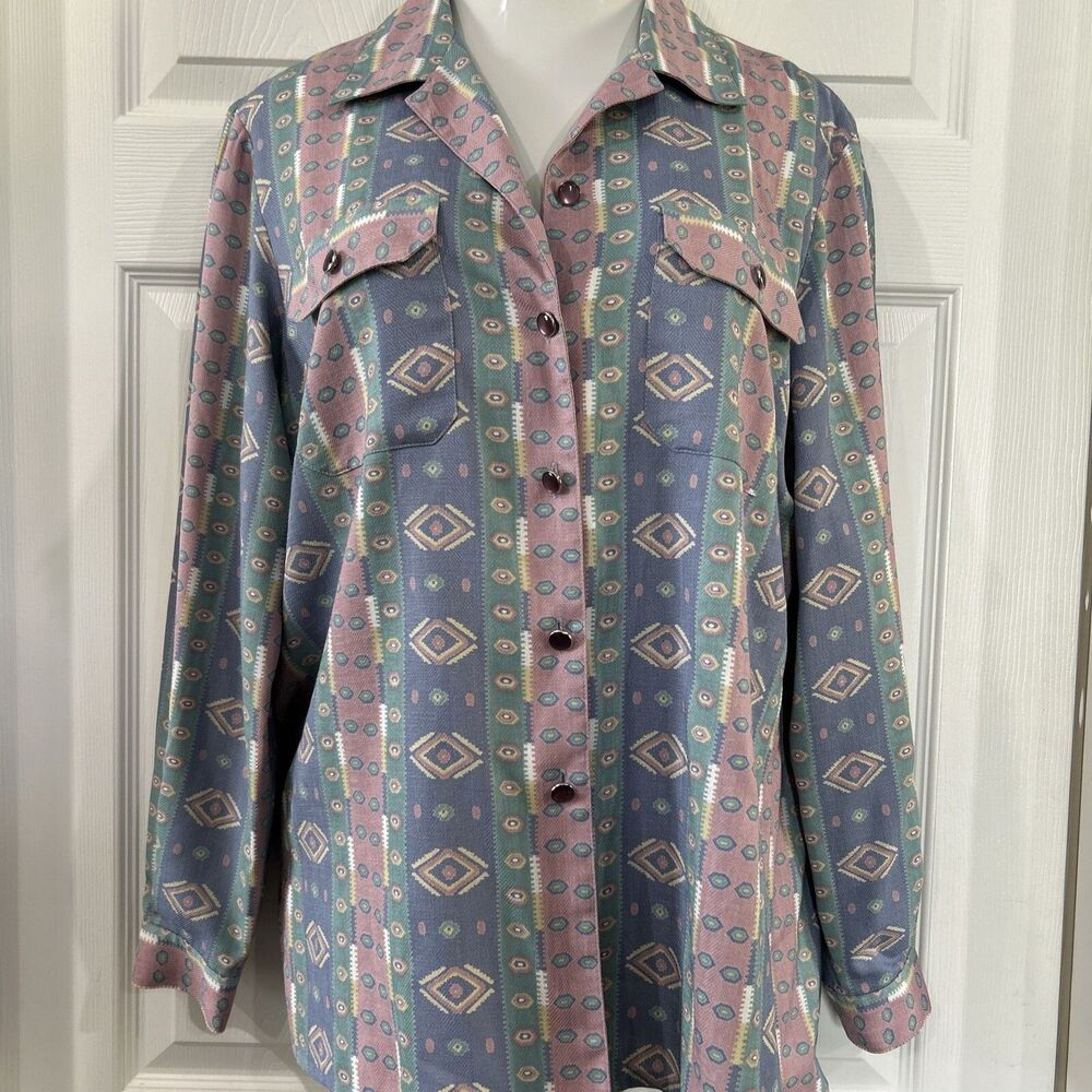 Patchington Southwest Print Blouse Muted Colors Pink Pearlize Buttons Women's M